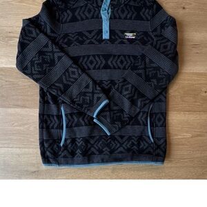 L.L. Bean Black Geometric Zip-Up Sweater with Blue Trim
